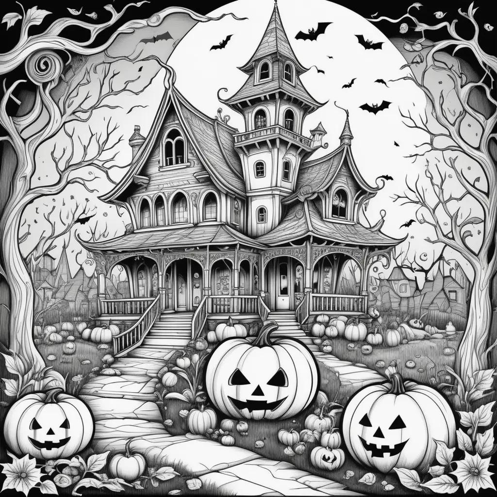 Halloween-themed black and white illustration of a house and pumpkins