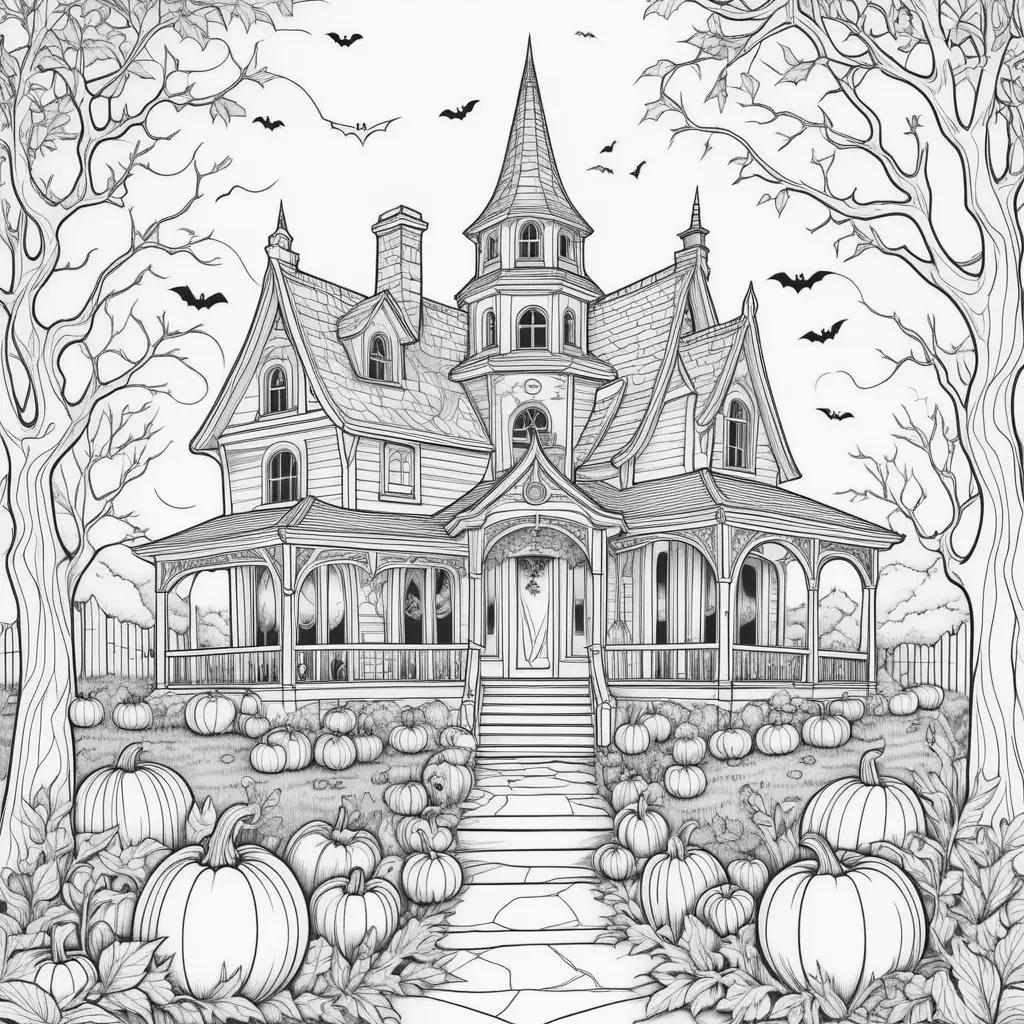 Halloween-themed house and pumpkin farm in black and white coloring pages