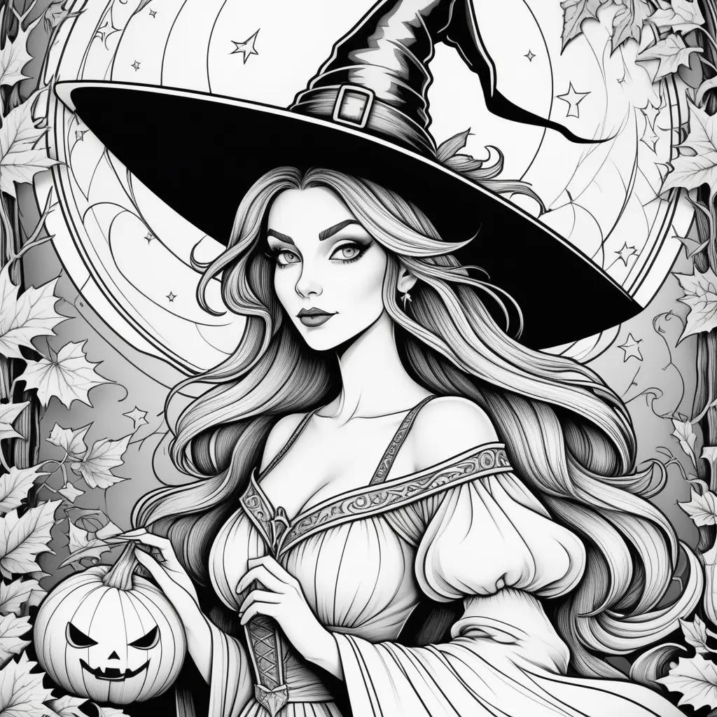 Halloween witch coloring page featuring a girl in a witch hat