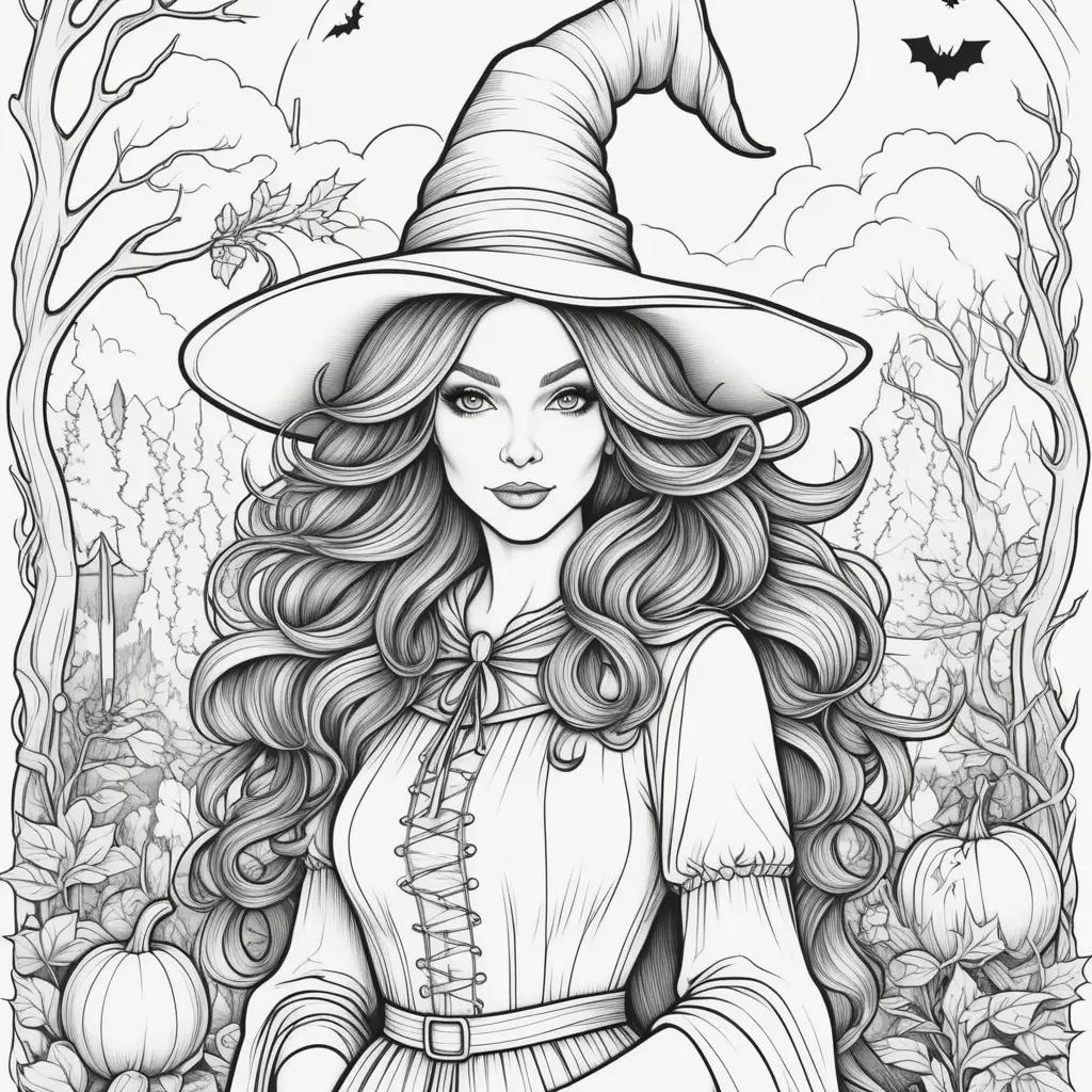 Halloween witch coloring page with bat and pumpkins