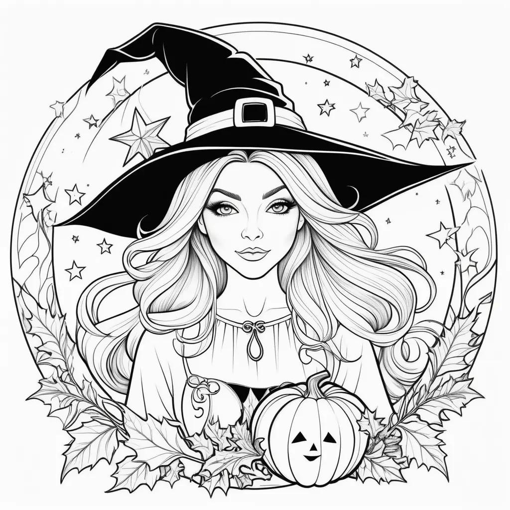 Halloween witch coloring page with pumpkin and stars