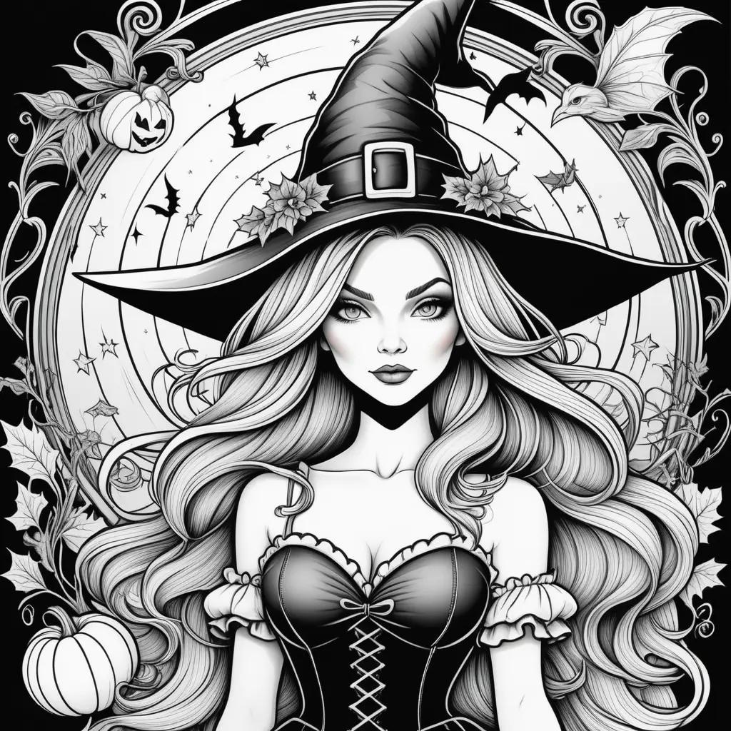 Halloween witch coloring pages featuring a witch in a black hat