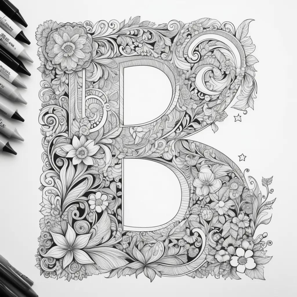 手描きのぬりえは、花柄の文字Bが特徴です