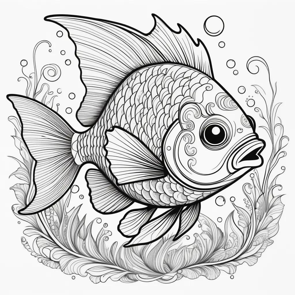 Hand-drawn fish coloring pages with bubbles and leaves