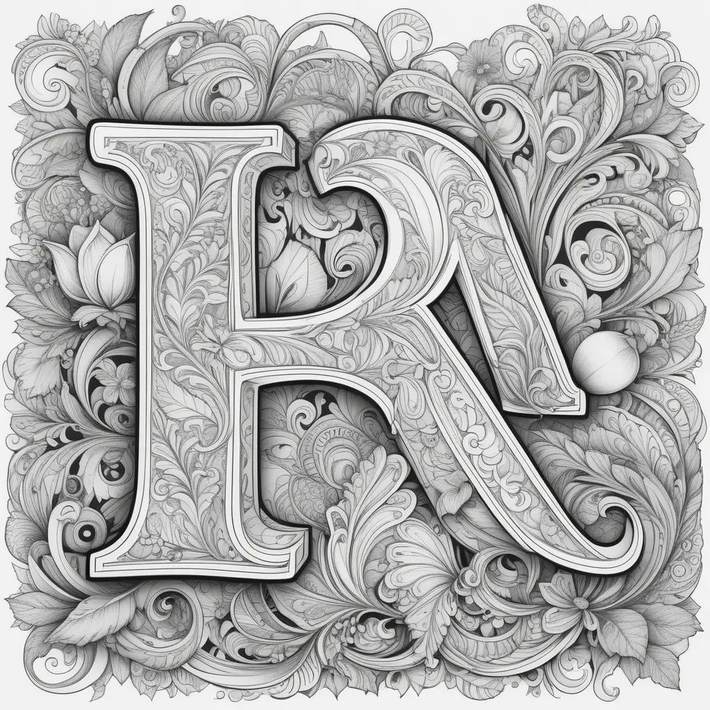 Hand-drawn letter R in a floral border