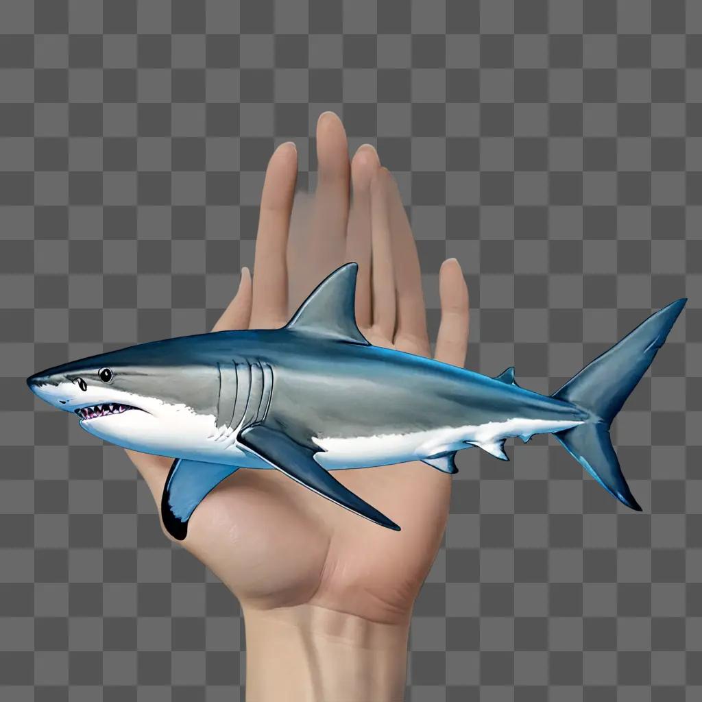 Hand holds a beautiful shark drawing in a blurry hand