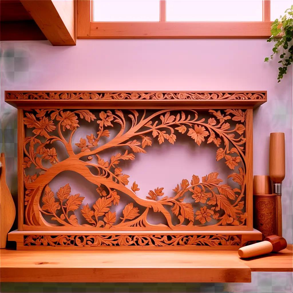 Handmade wooden artwork with leaves and branches