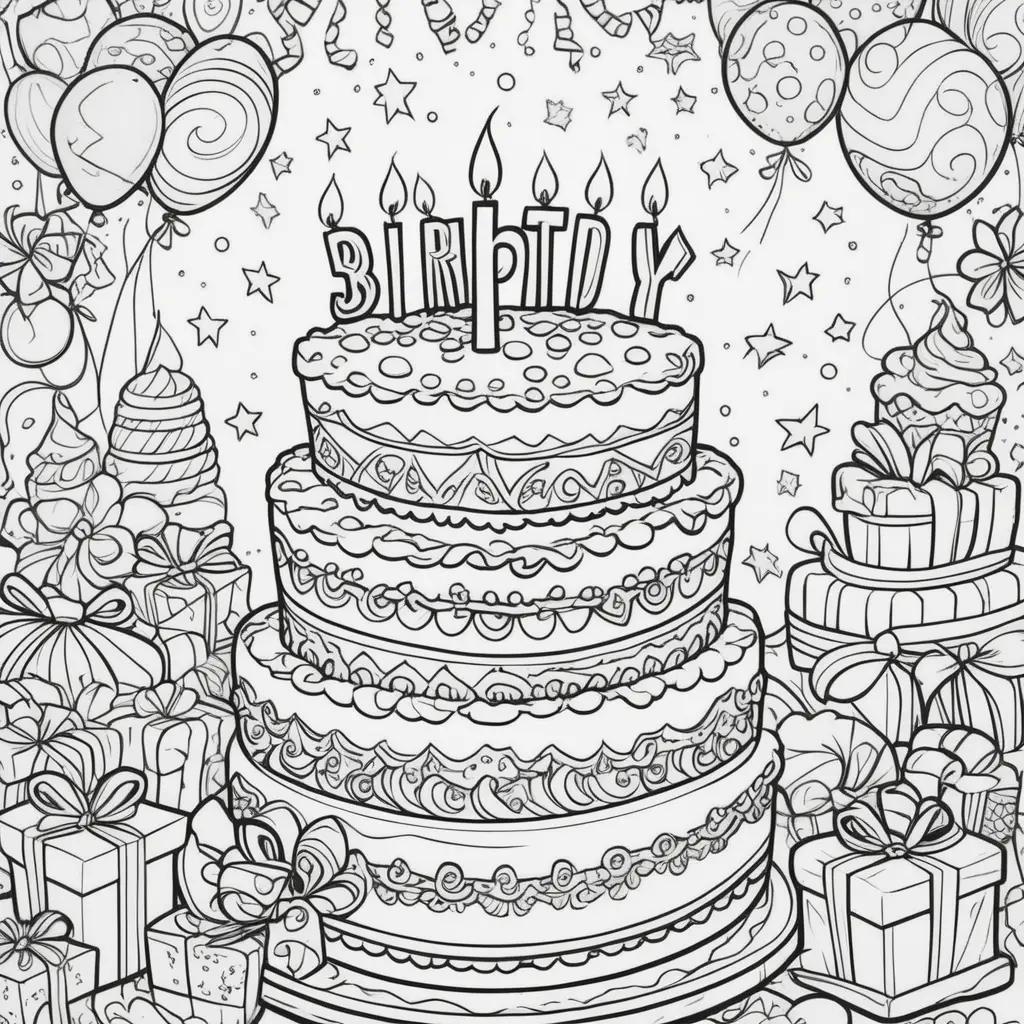お誕生日おめでとうぬりえ:キャンドルとデコレーションのバースデーケーキ