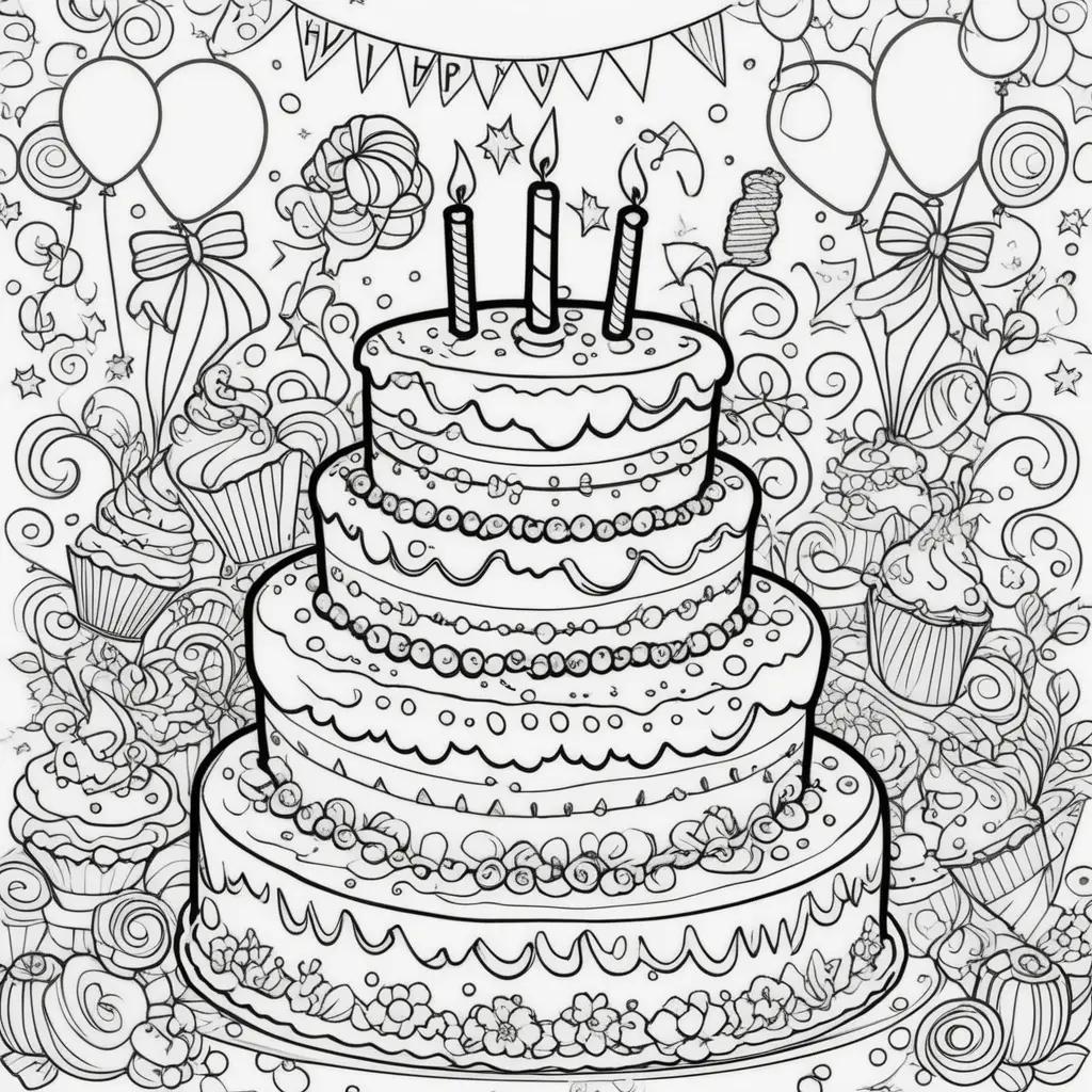 3段のケーキが特徴のお誕生日おめでとうぬりえ