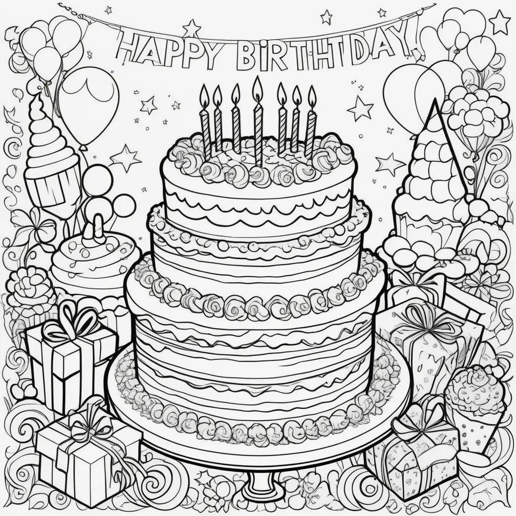 Happy Birthday Coloring Page with Cake, Cupcakes and Gifts