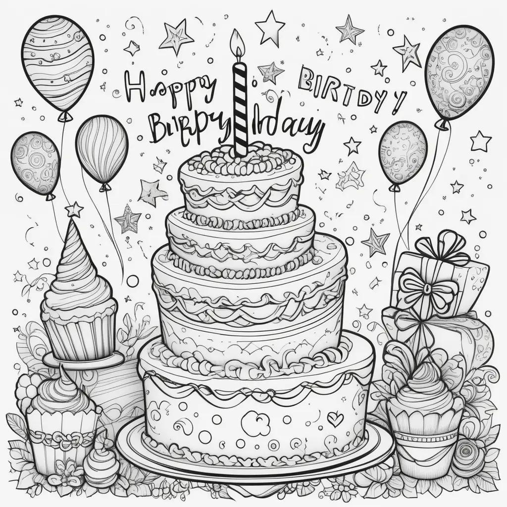 Happy Birthday Coloring Page with Cake and Cupcakes