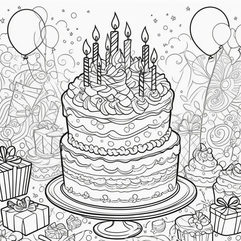 Happy Birthday Coloring Pages: Festive Birthday Cake and Gifts