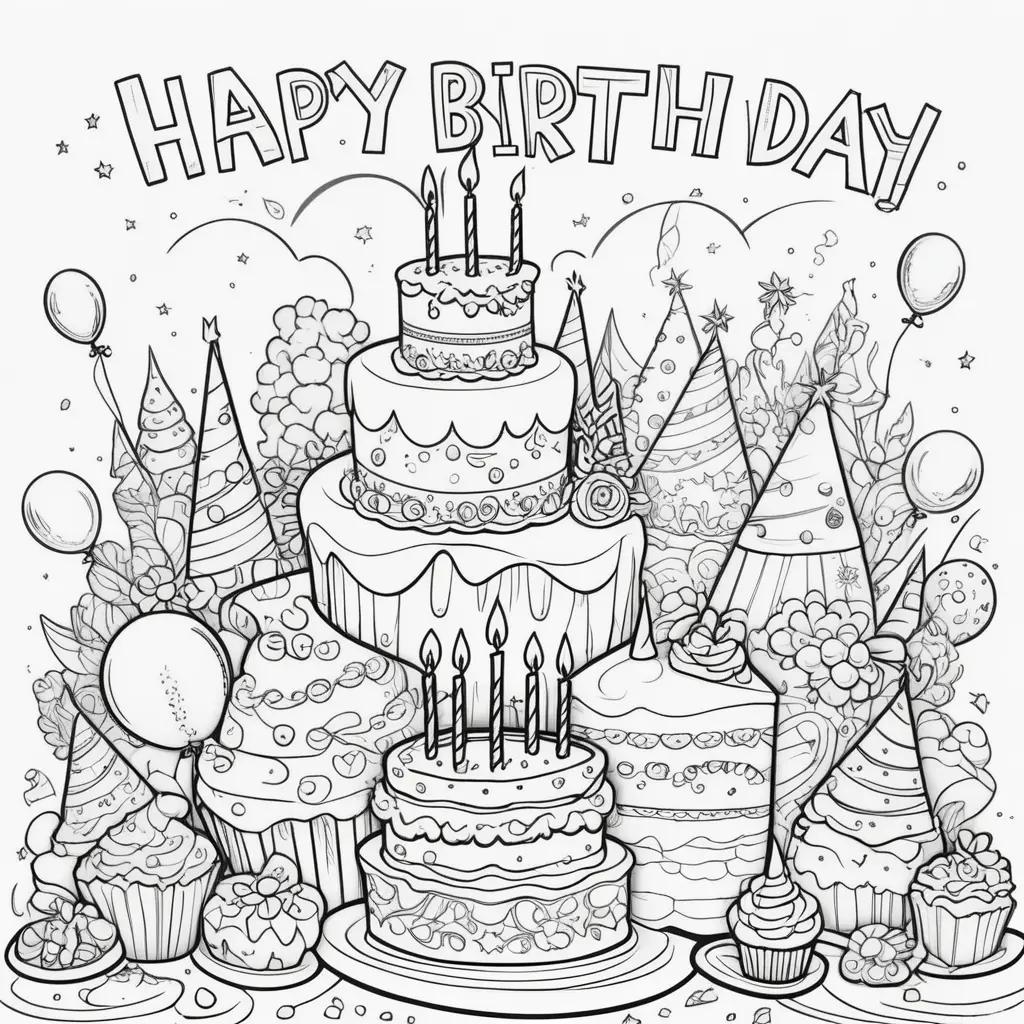 Happy Birthday Coloring Pages Featuring Cake and Cupcakes