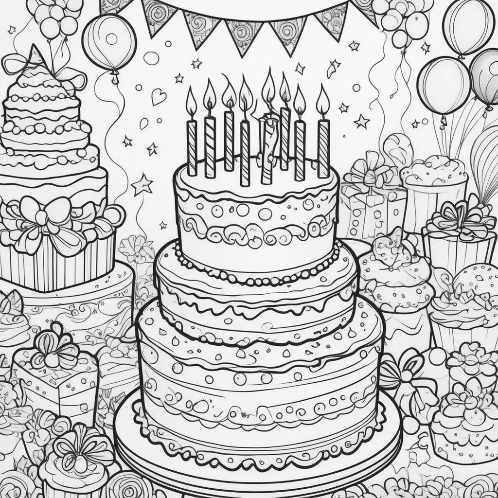 Happy Birthday Coloring Pages Featuring a Three Layered Cake