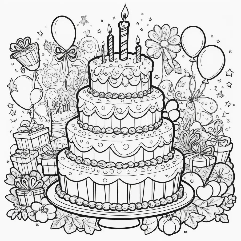 Happy Birthday Coloring Pages Featuring a Three-Tiered Cake and a Birthday Balloon