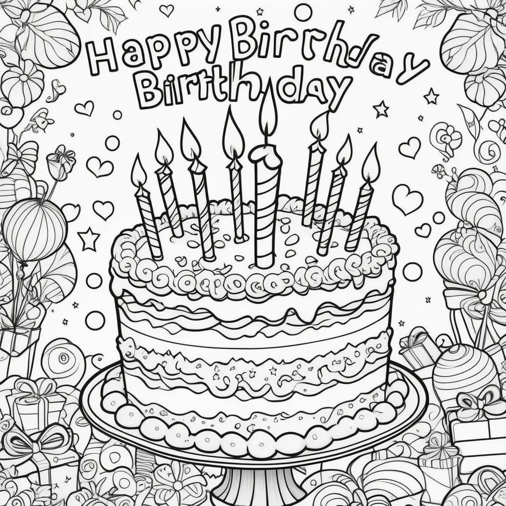 Happy Birthday Coloring Pages With a Large Cake