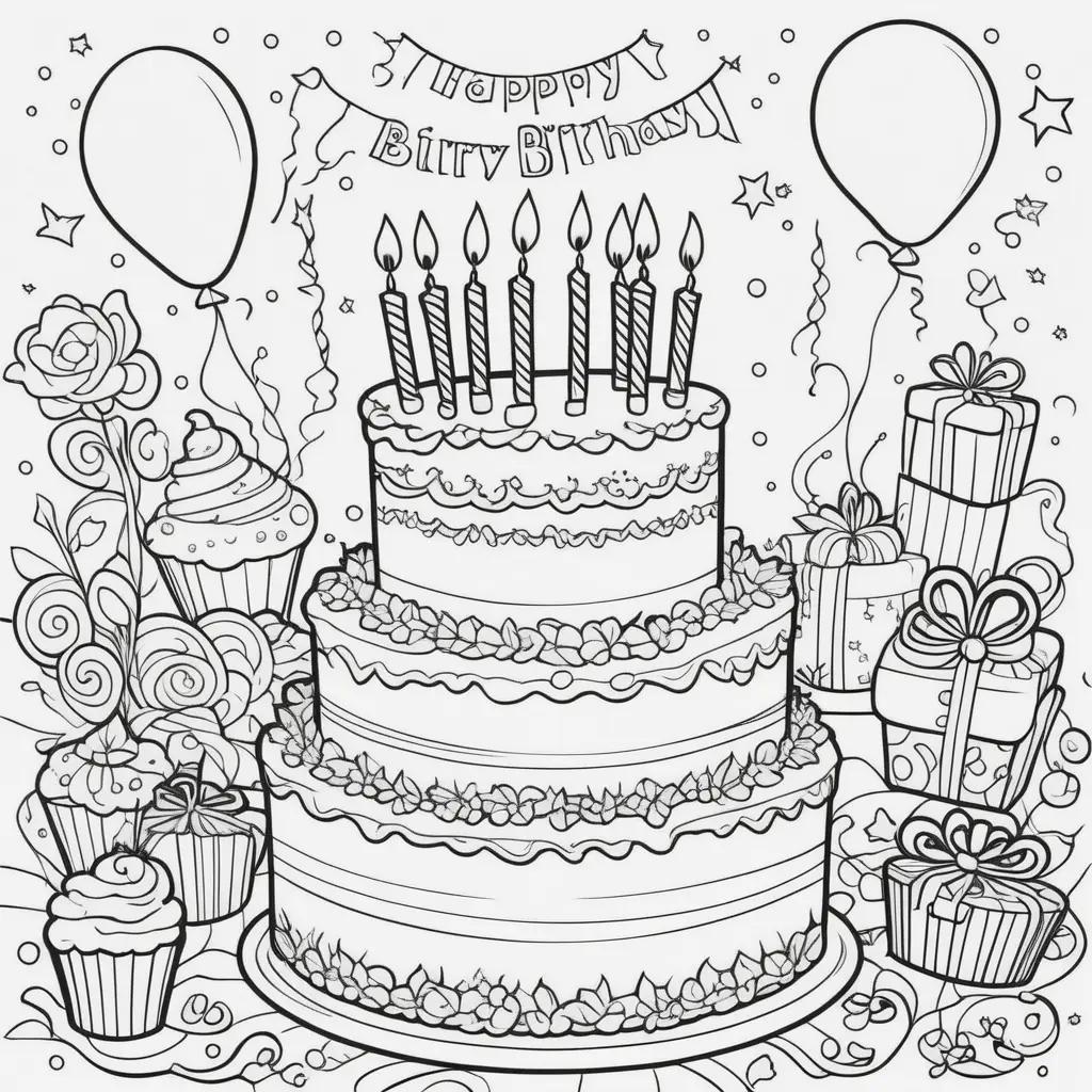ケーキ、風船、ギフトでお誕生日おめでとうぬりえ