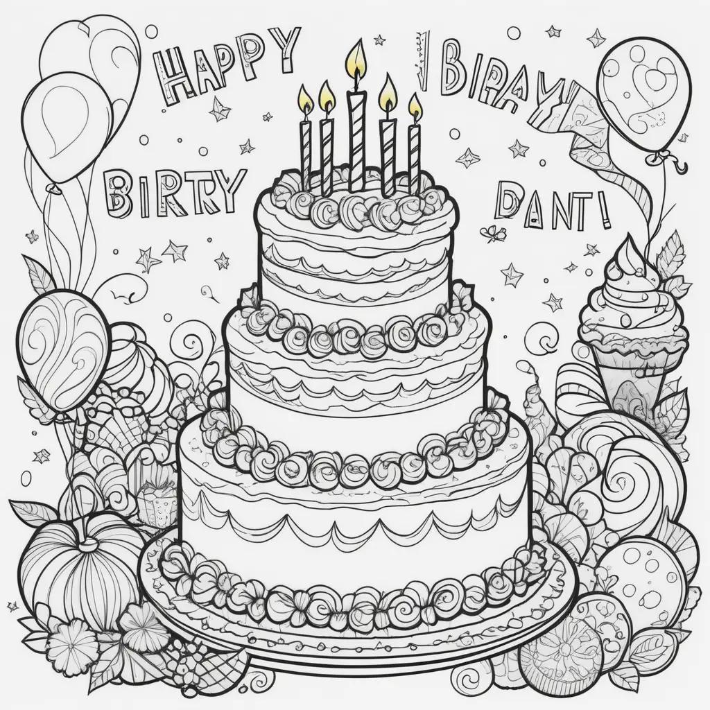 Happy Birthday Coloring Pages with a Birthday Cake