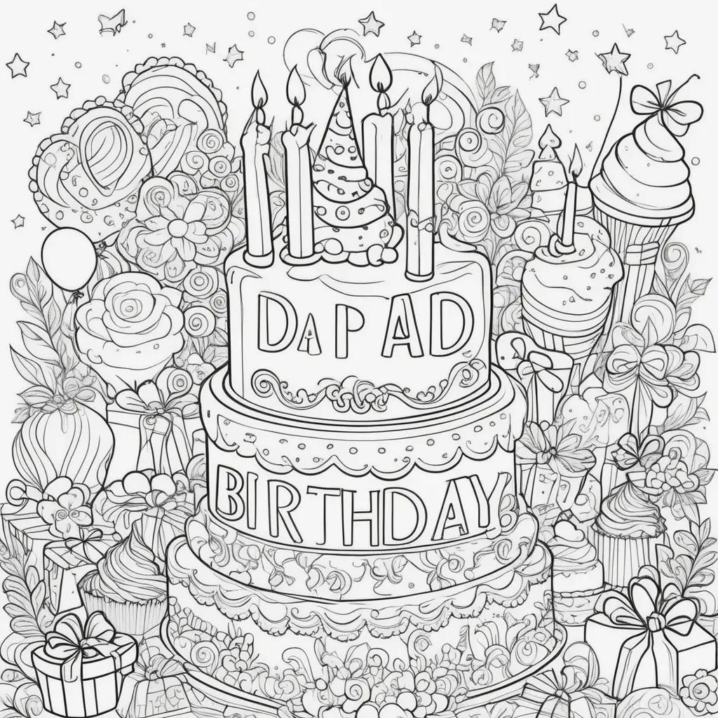 Happy Birthday Dad Coloring Pages Featuring a Birthday Cake and Gifts