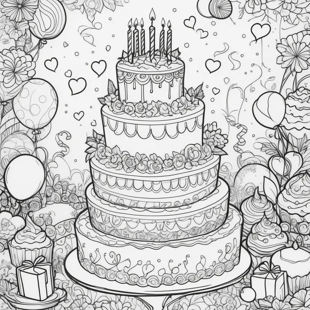 ケーキ、キャンドル、風船でお誕生日おめでとうぬりえ