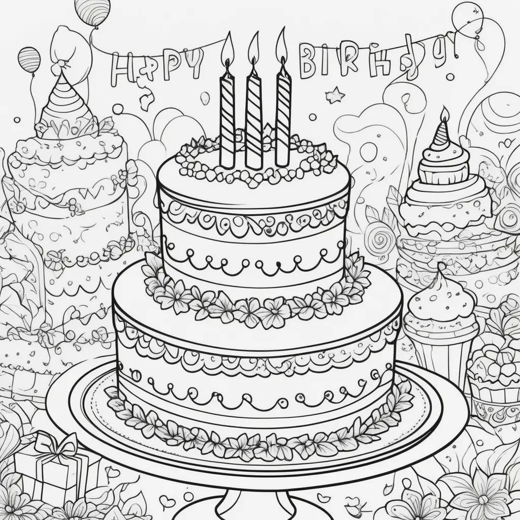 ケーキ、キャンドル、カップケーキでお誕生日おめでとうぬりえ