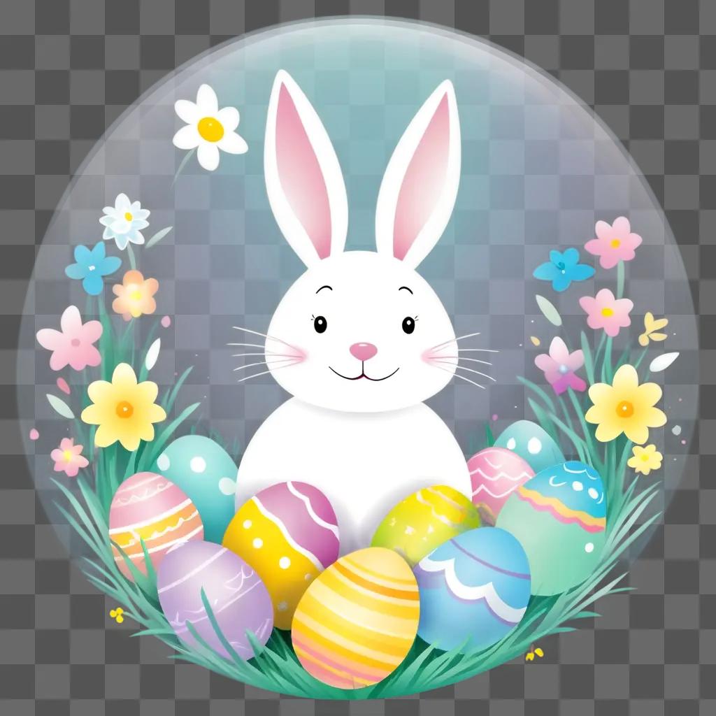Happy Easter Bunny surrounded by colorful eggs