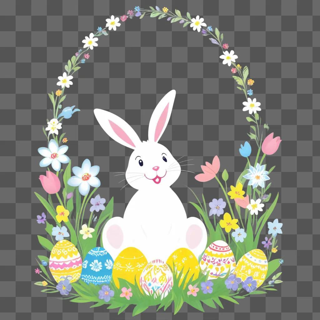 Happy Easter Bunny with colorful eggs and flowers