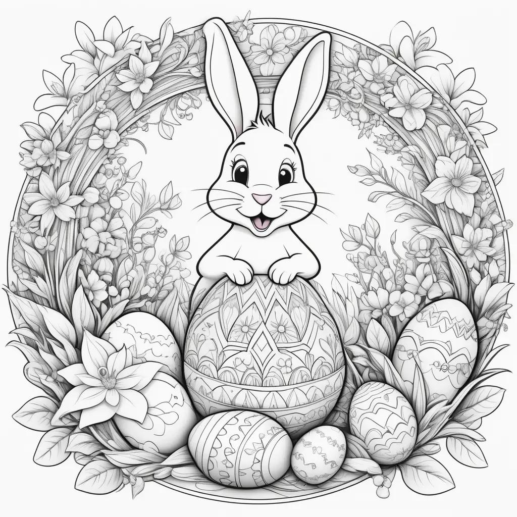 Happy Easter coloring page with a bunny and eggs