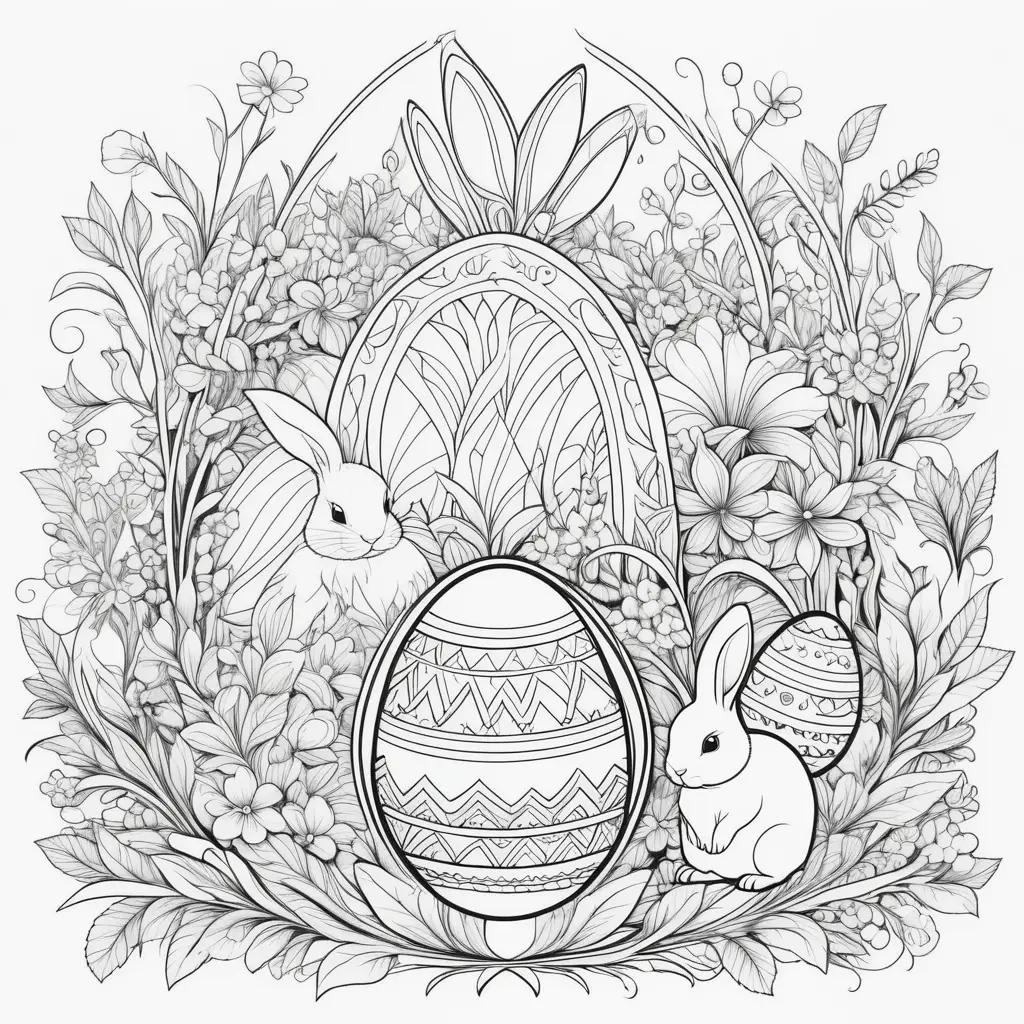 Happy Easter coloring page with bunny and eggs