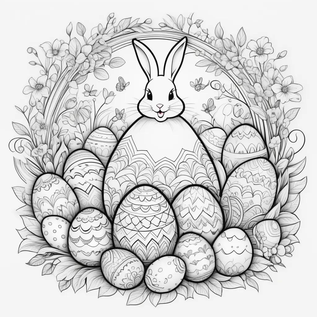 Happy Easter coloring page with bunny and eggs