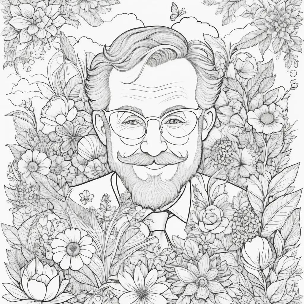 Happy Fathers Day coloring page featuring a man surrounded by flowers