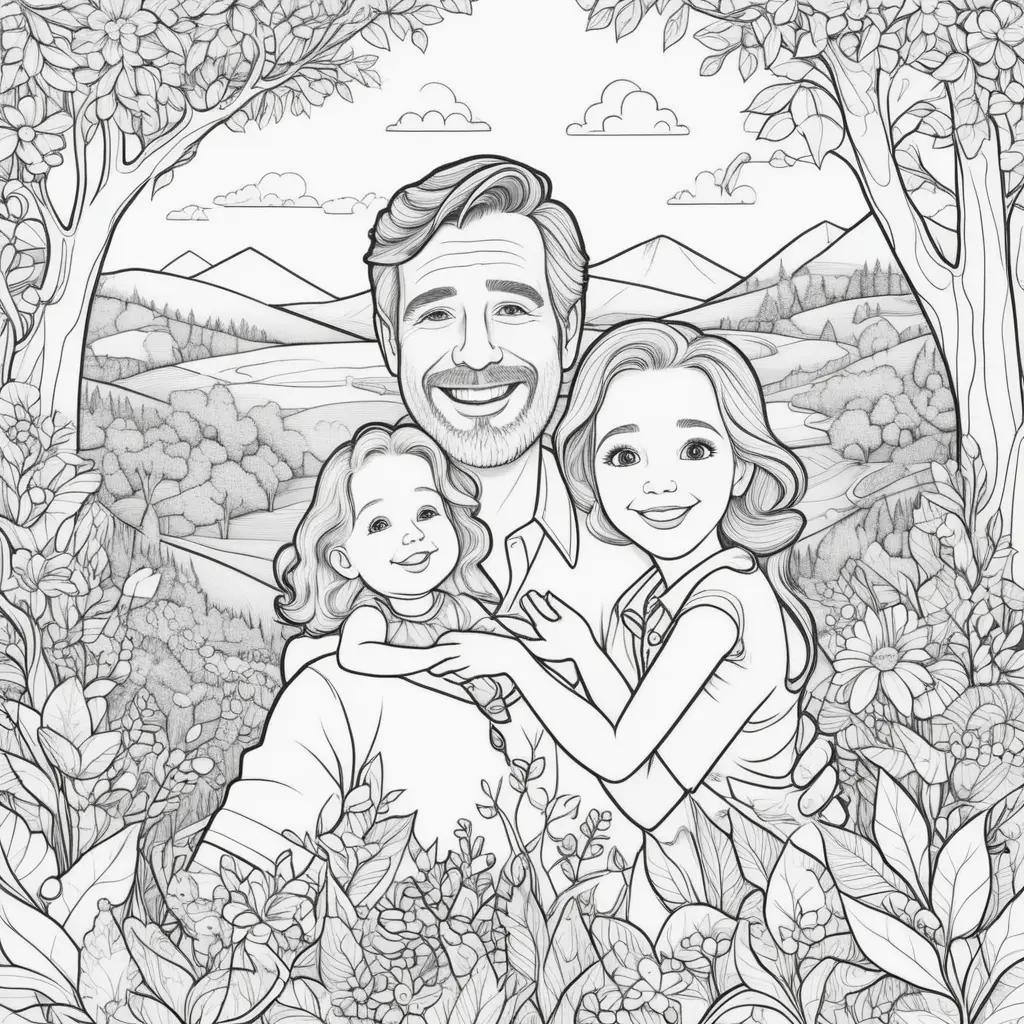 Happy Fathers Day coloring pages featuring a family in nature