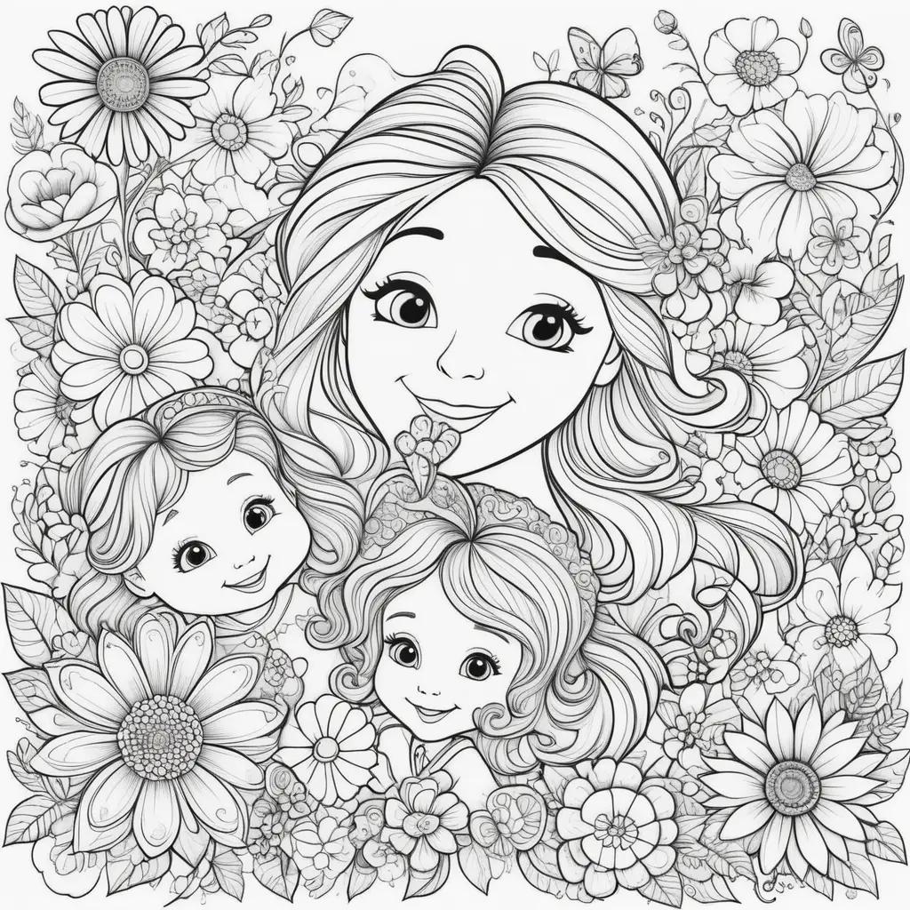 Happy Mothers Day Coloring Pages with Beautiful Flowers and Kids