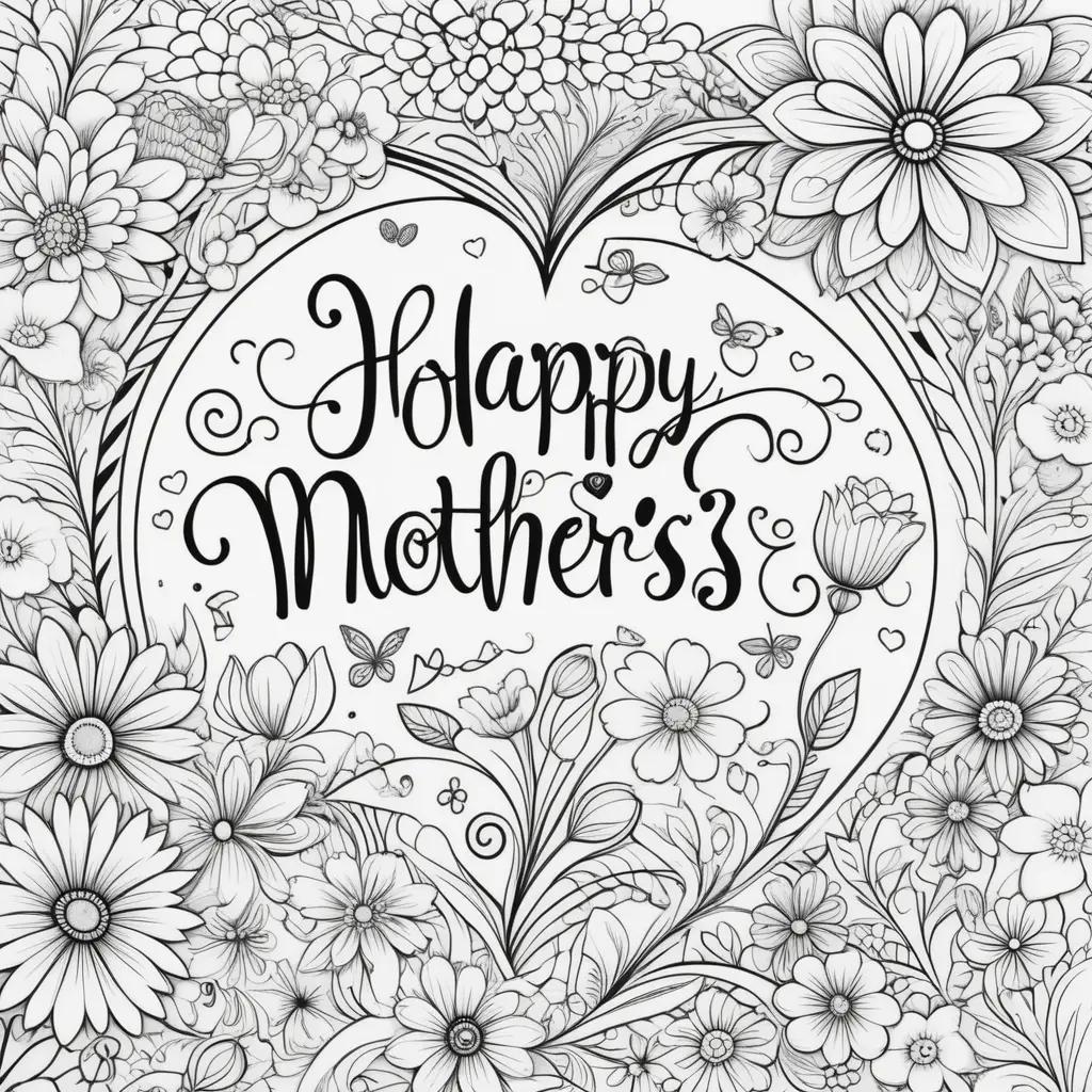 Happy Mothers Day Coloring Pages with Heart and Flowers