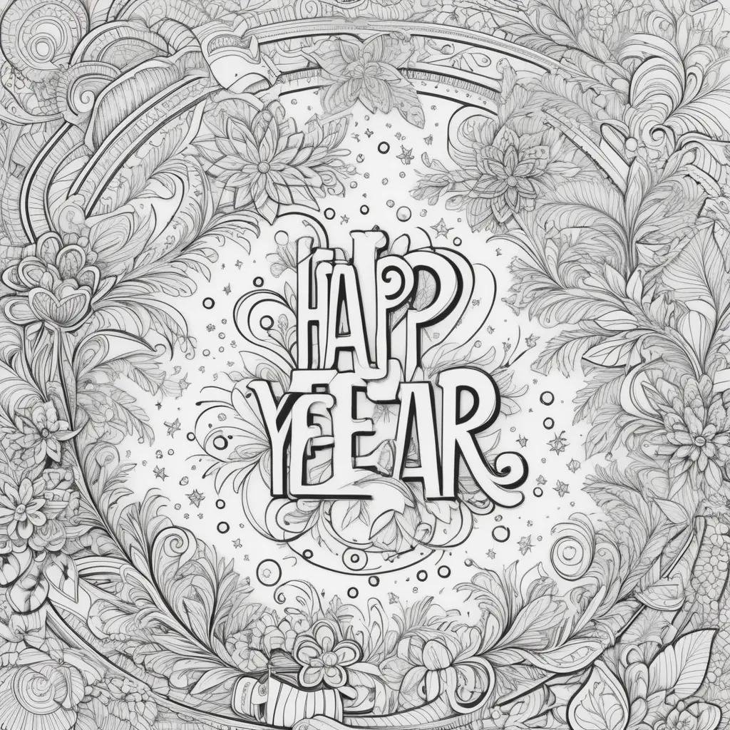 Happy New Year Coloring Page with flowers and stars