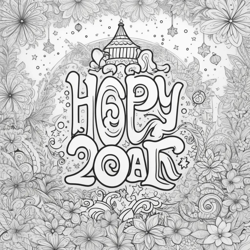 Happy New Year coloring page with flowers and balloons