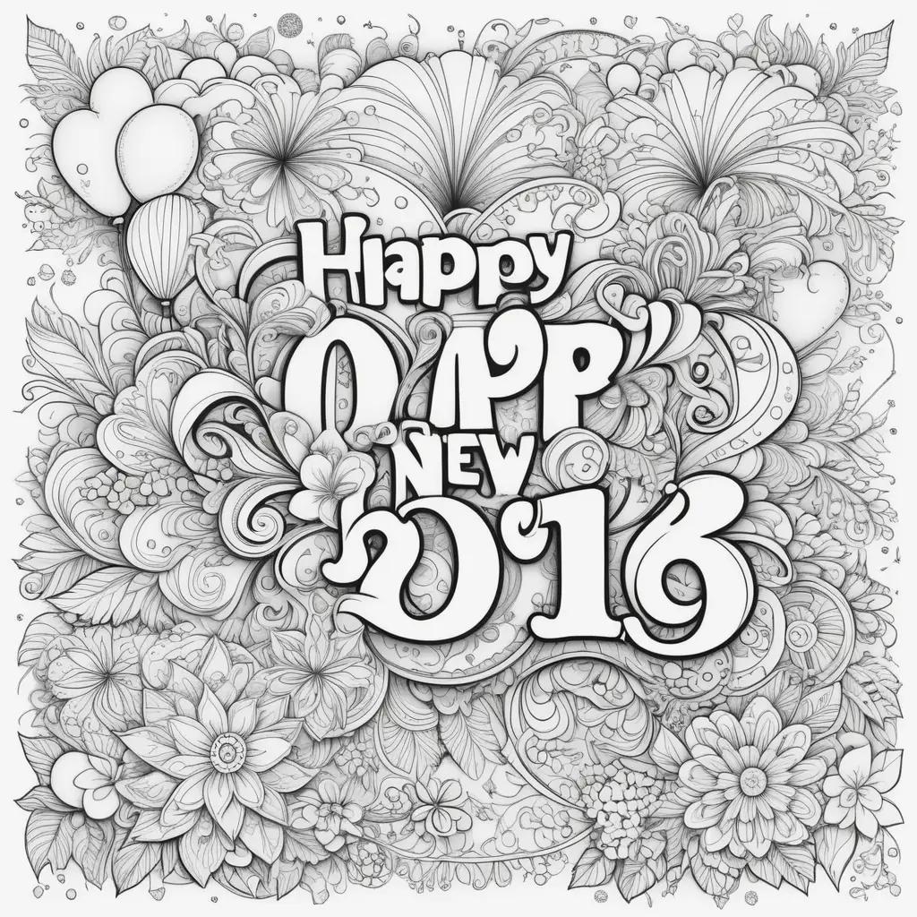 Happy New Year coloring page with flowers and balloons