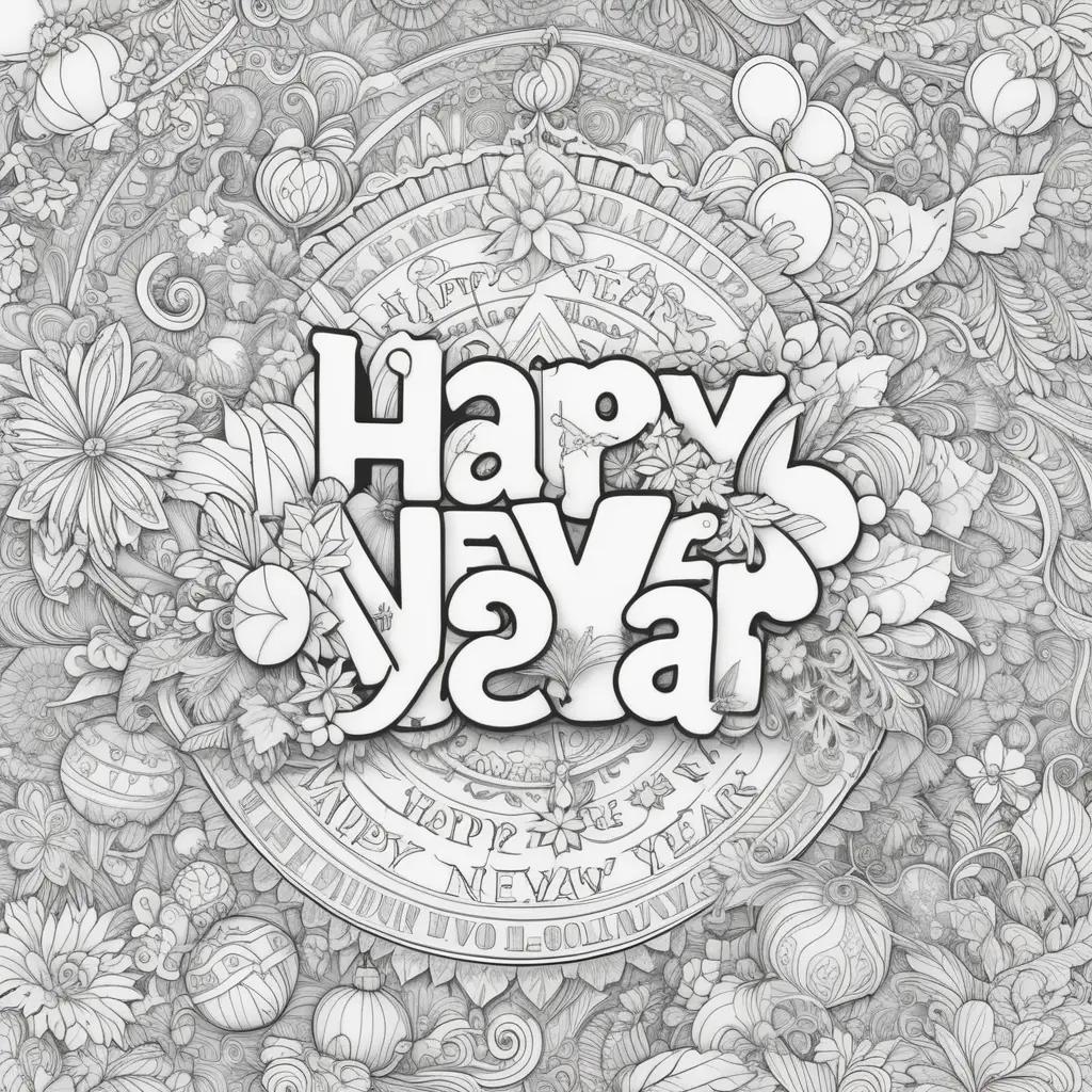 Happy New Year coloring page with flowers and text