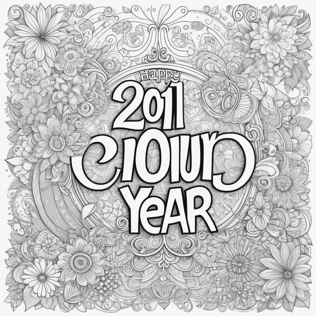 Happy New Year coloring page with flowers