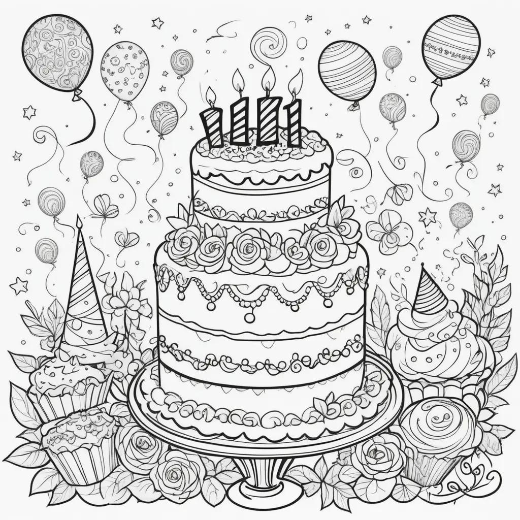 ケーキと風船でお誕生日おめでとうぬりえ