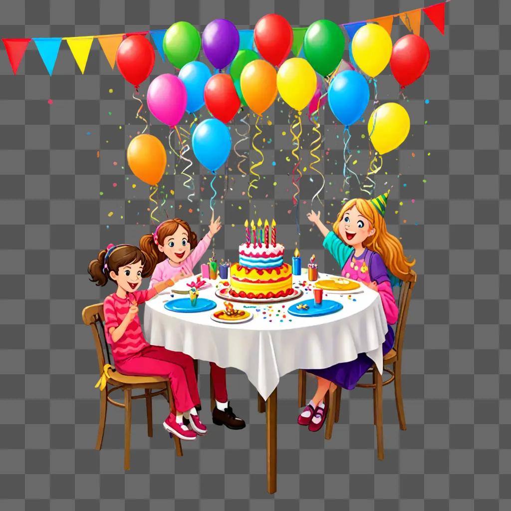 Happy birthday girl with colorful balloons and cake