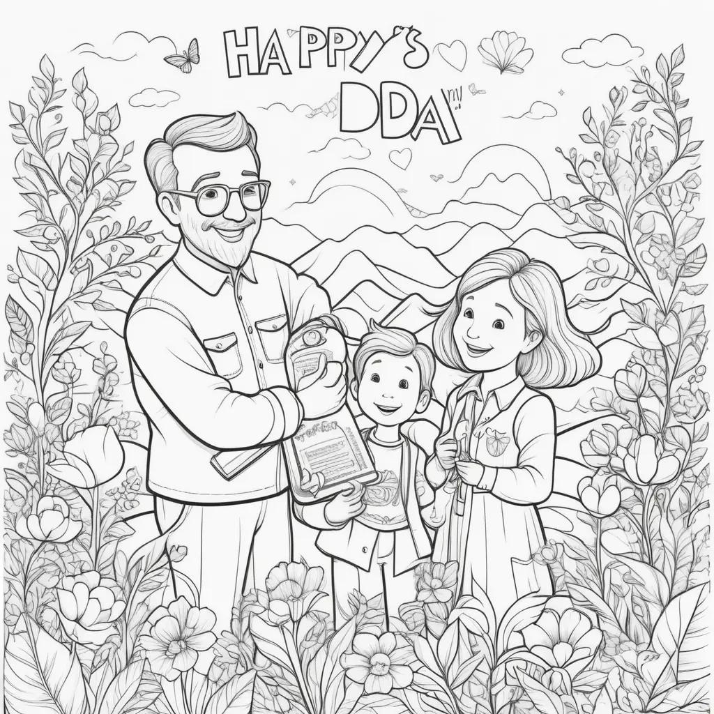 Happy fathers day coloring pages featuring a man and his kids