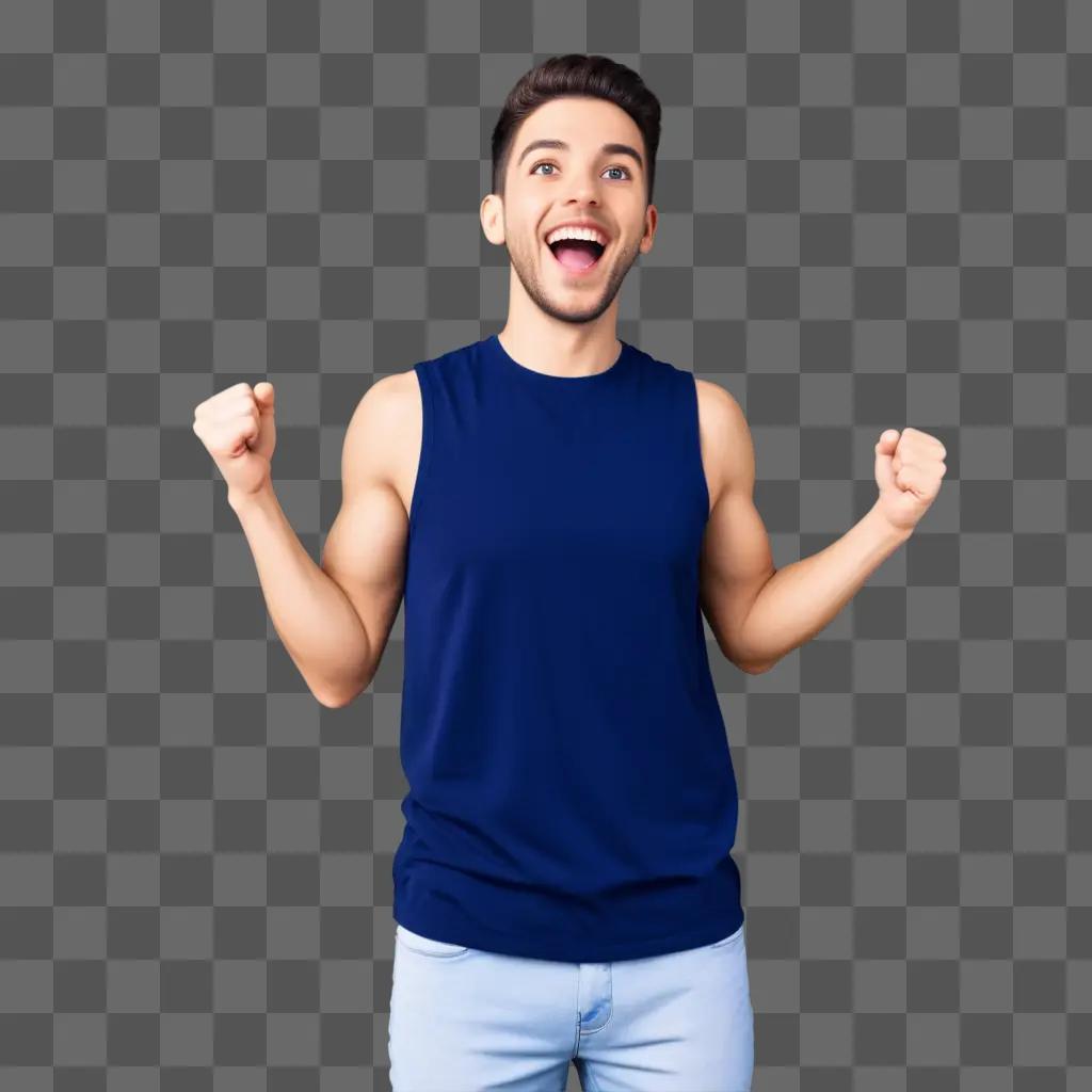 Happy man in blue shirt poses excitedly