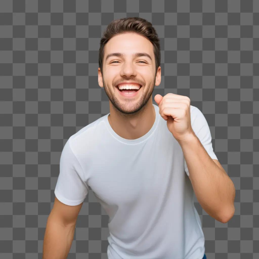 Happy man in white shirt making a fist