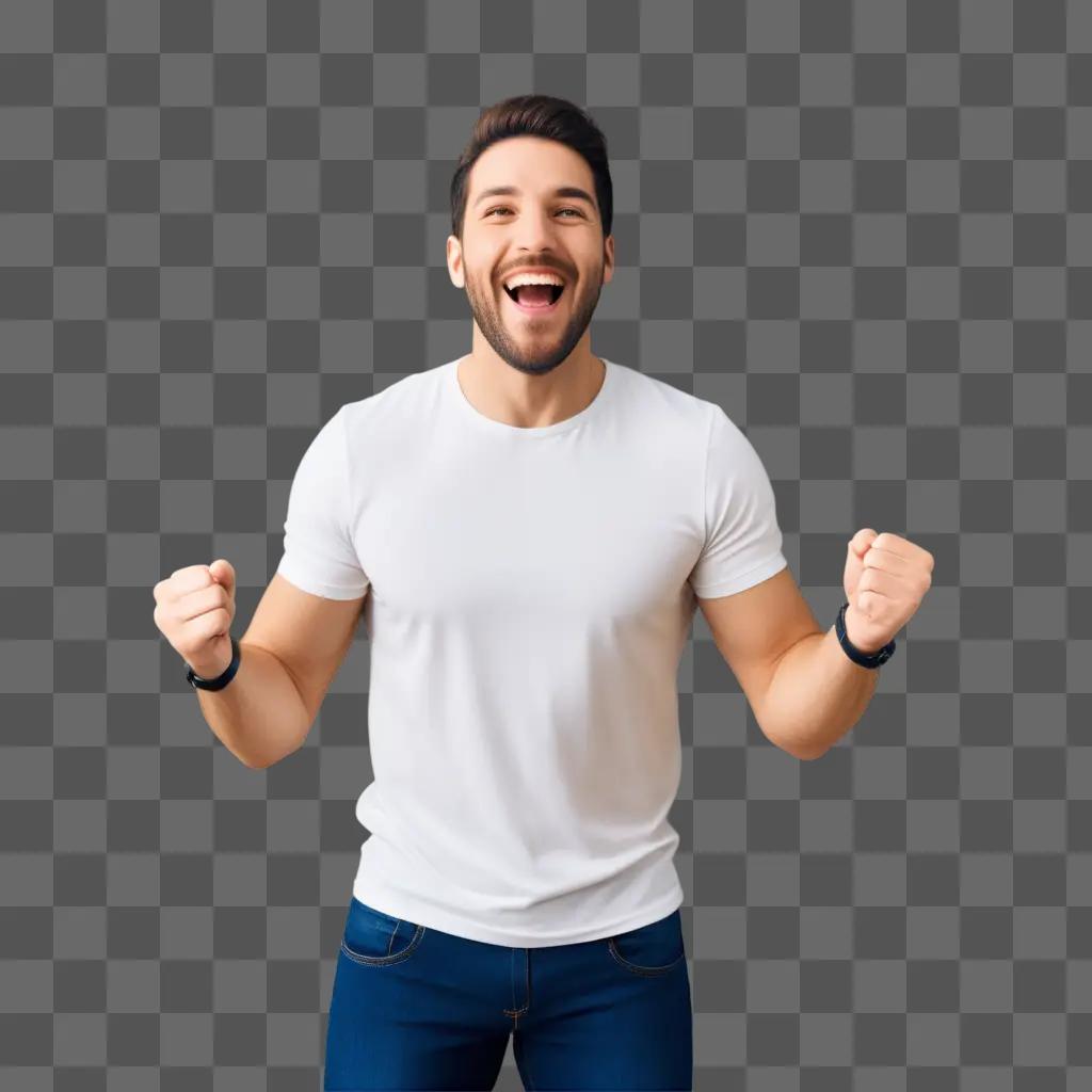 Happy man in white shirt with arms raised