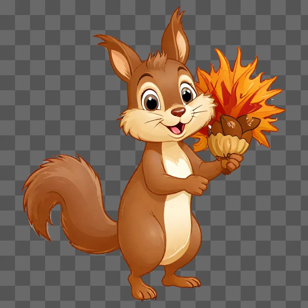 Happy squirrel in brown and white with an orange flame