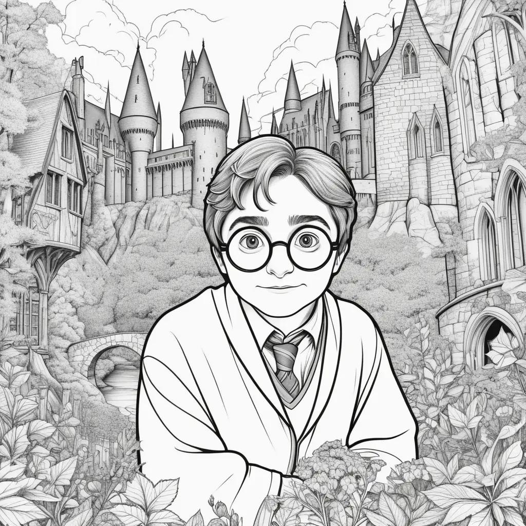 Harry Potter Coloring Pages: Cartoon Harry in a castle