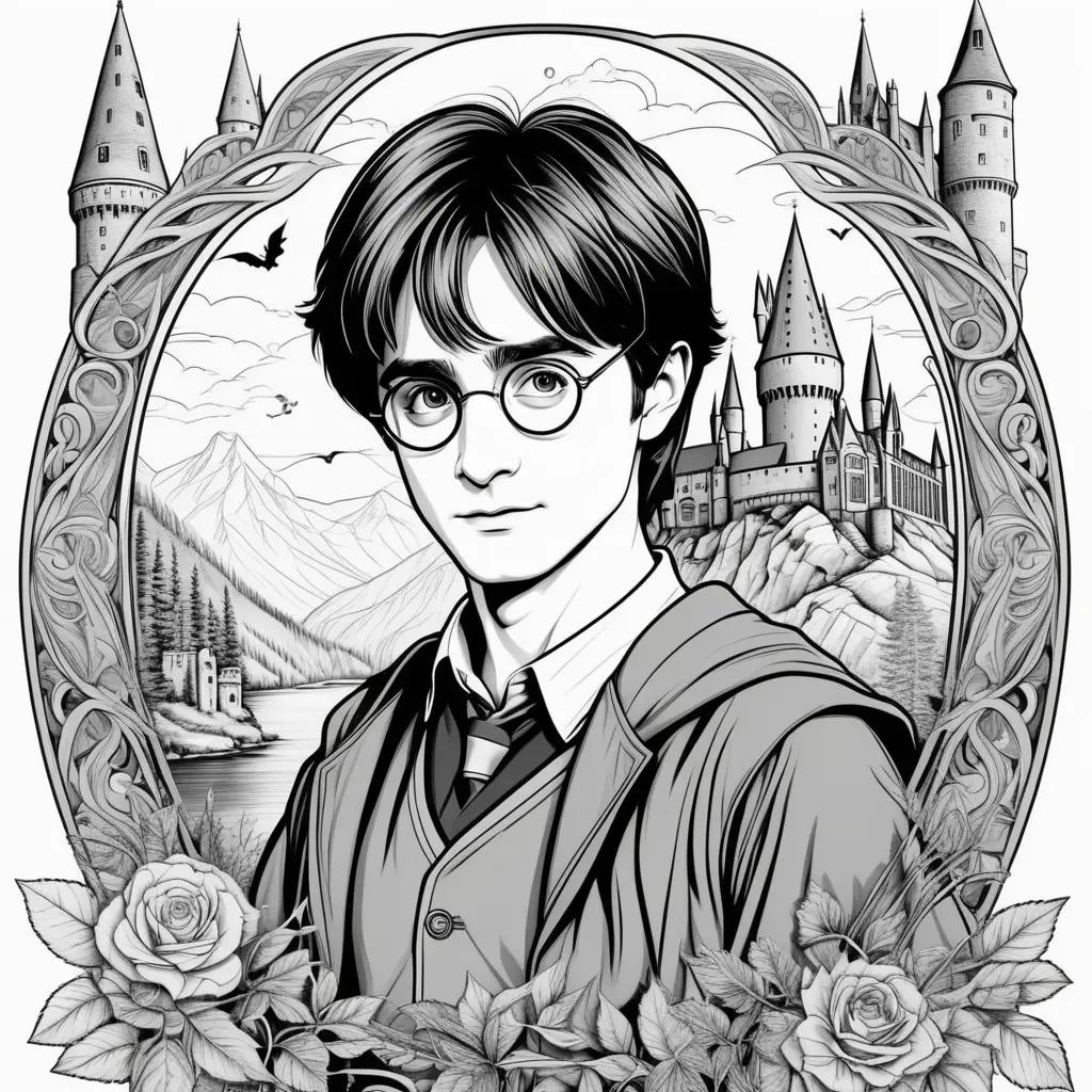 Harry Potter coloring page features a boy with glasses