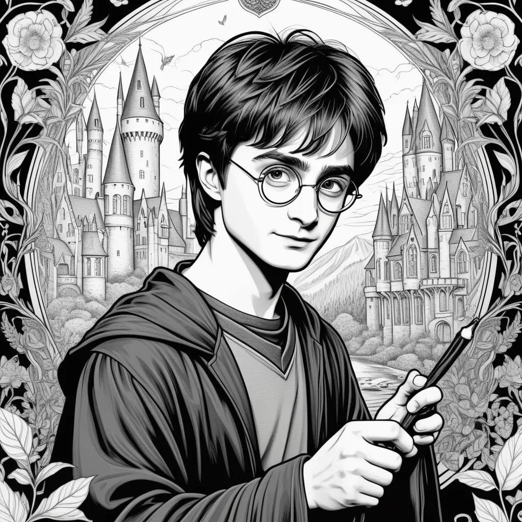 Harry Potter coloring page featuring a young wizard with glasses