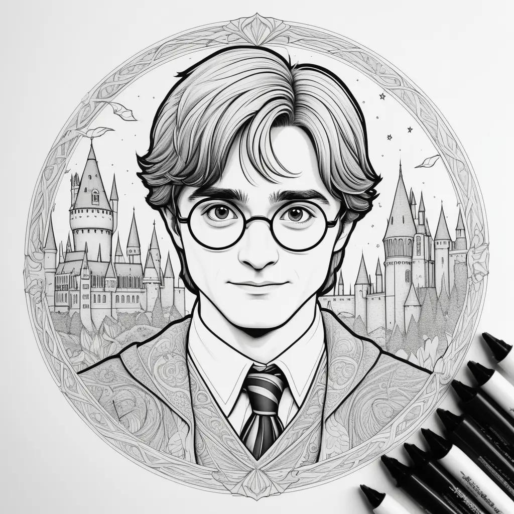 Harry Potter coloring page with a castle and a bow tie